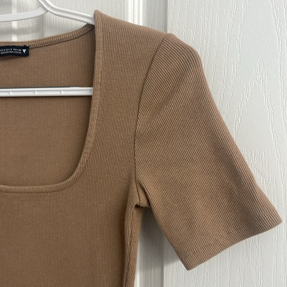 Zara Midi Bodycon Dress Ribbed Square Neck Short Sleeves Tan Size S - Picture 4 of 11